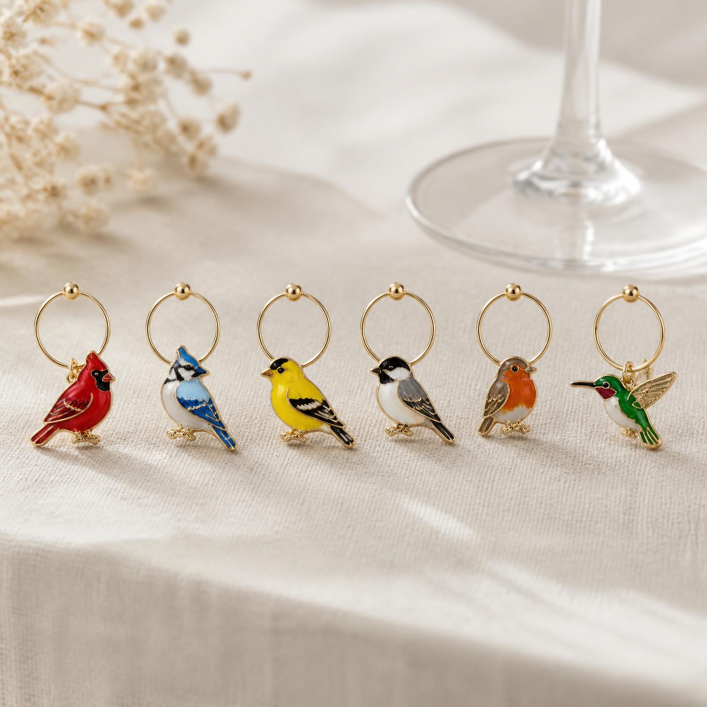 Set of six bird-shaped wine glass charms